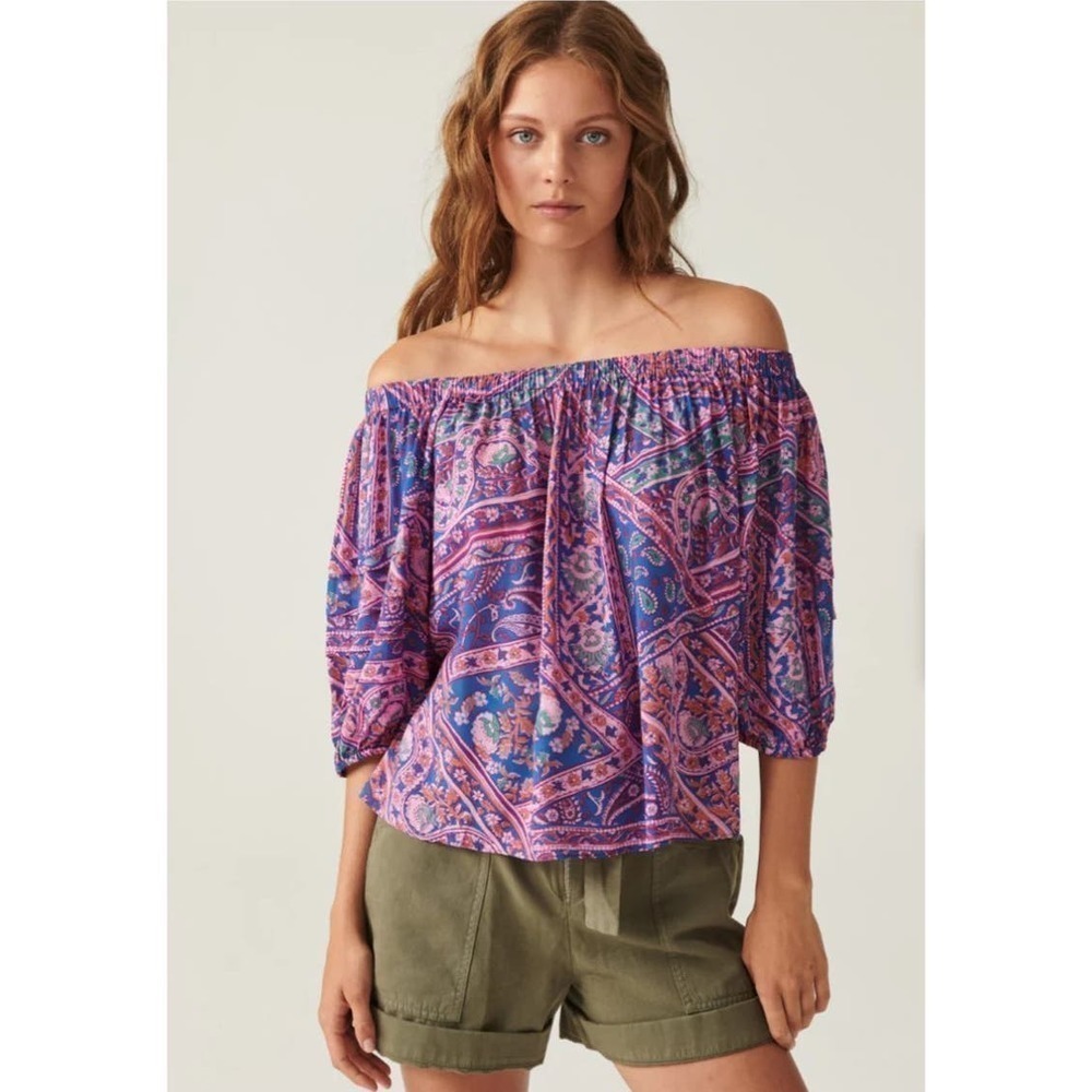 ba&sh Fenji Top Off Shoulder Peasant Paisley Print Blue Purple NWT Size Medium